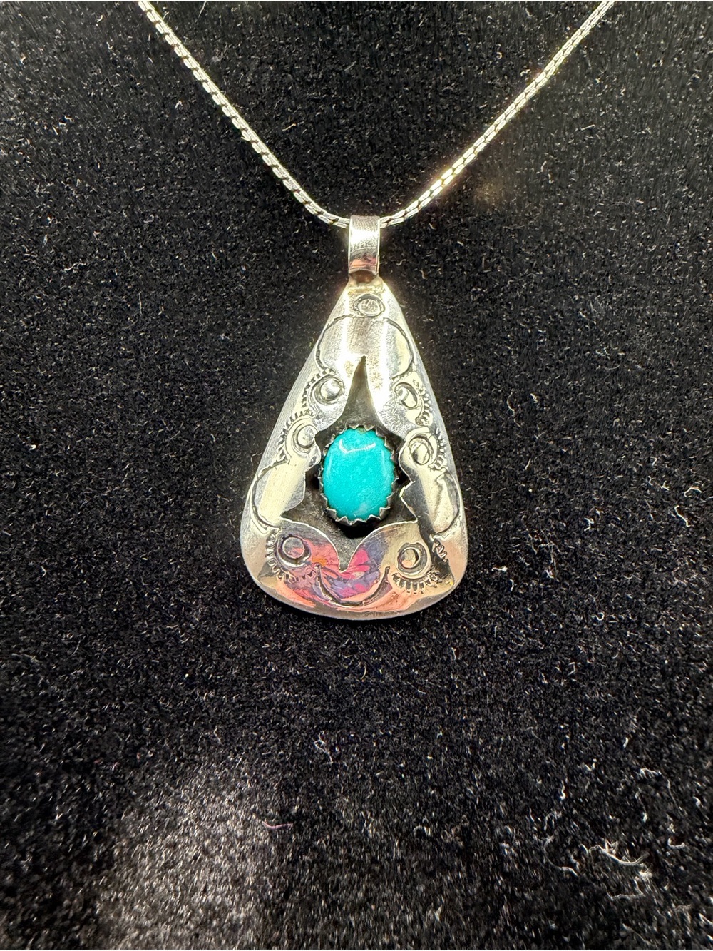 Vintage Navajo Turquoise Shadowbox Pendant Sterling Silver Necklace 2” Southwest